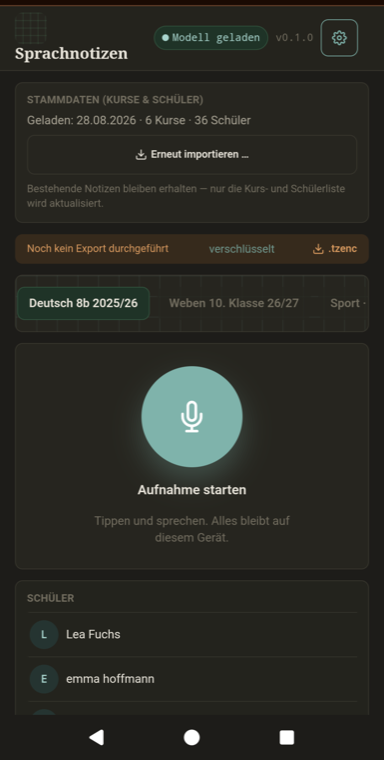Sprachnotizen-App mit lokalem Whisper-Modell, Aufnahme-Button und Notizenbereich