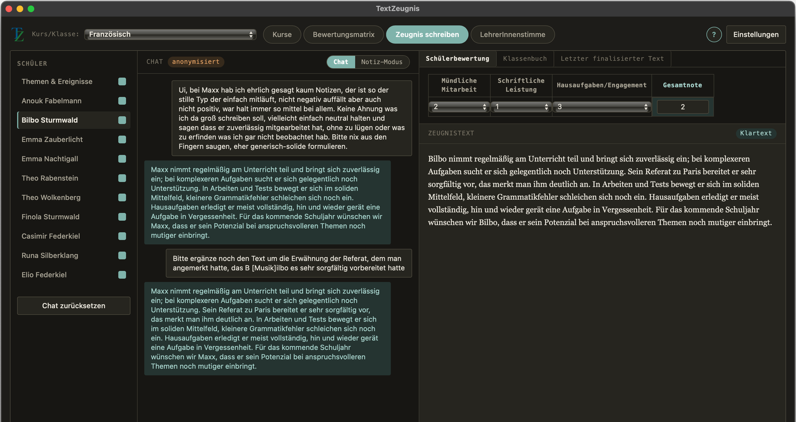 Text-Zeugnis-App mit Chat, SchülerInnenbewertung und Zeugnistext-Entwurf